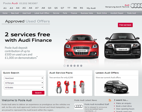 Screen grab from Poole Audi website showing navigation, Audi vehicles and service offer