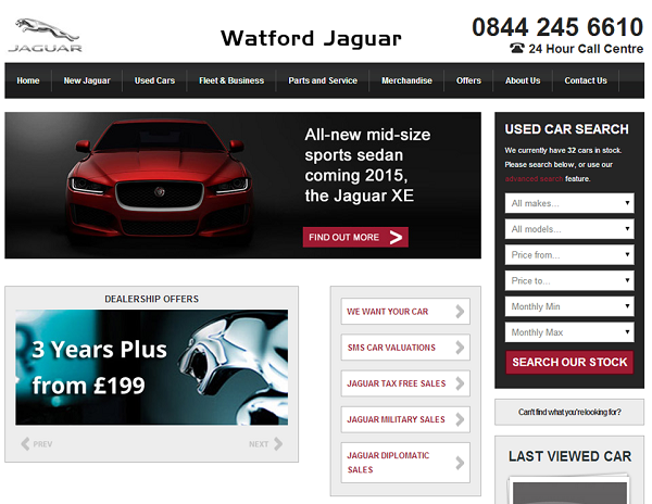 Screen grab of Watford Jaguar website page showing vehicle images and navigation