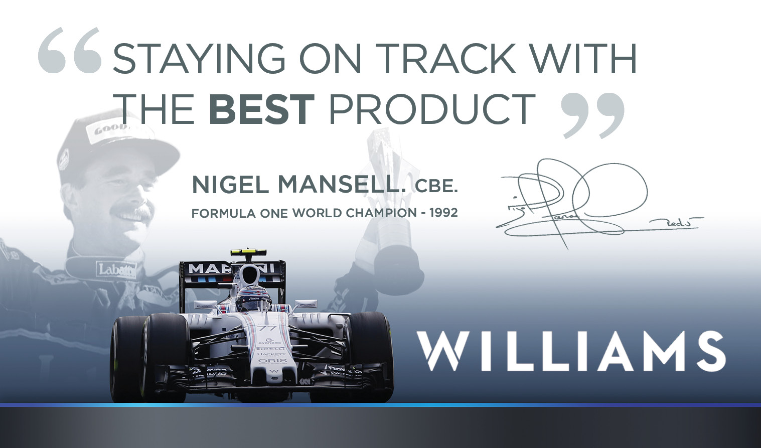 Williams video screen grab showing racing car and Nigel Mansell with signature